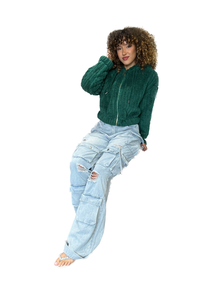 Love Poem Green Fuzzy Zip Up Fur Hoodie